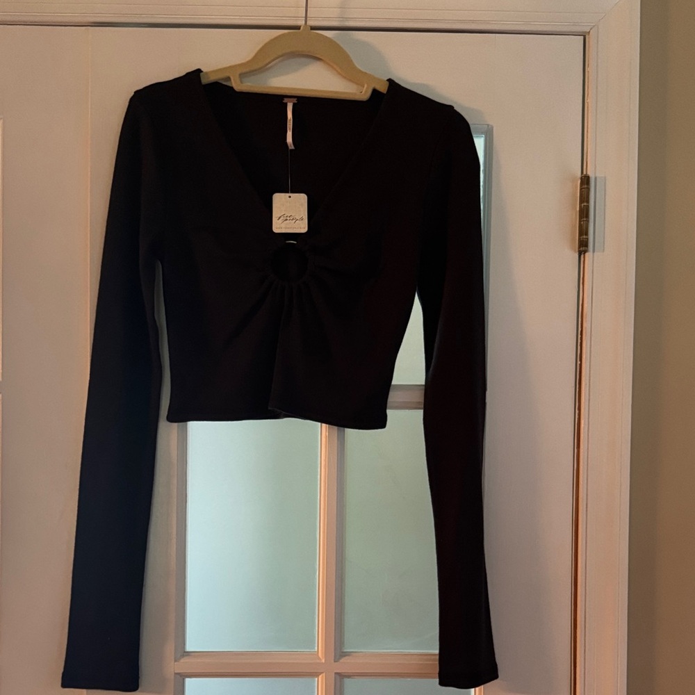 Free People Black V-Neck Long Sleeve Shirt